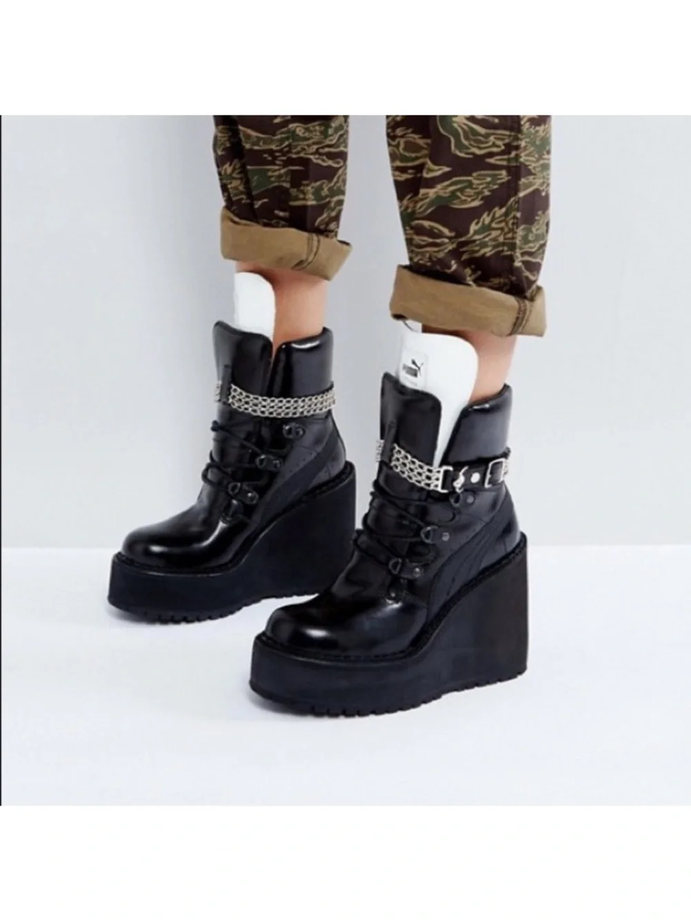 Puma x Fenty Rhianna Black Platform Lace-Up Ankle Boots with Chain Accent